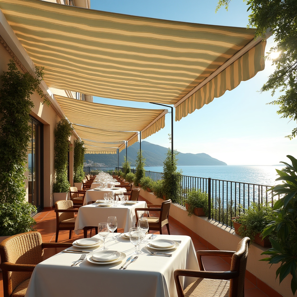 Vista de terraza con toldos en la costa de Málaga