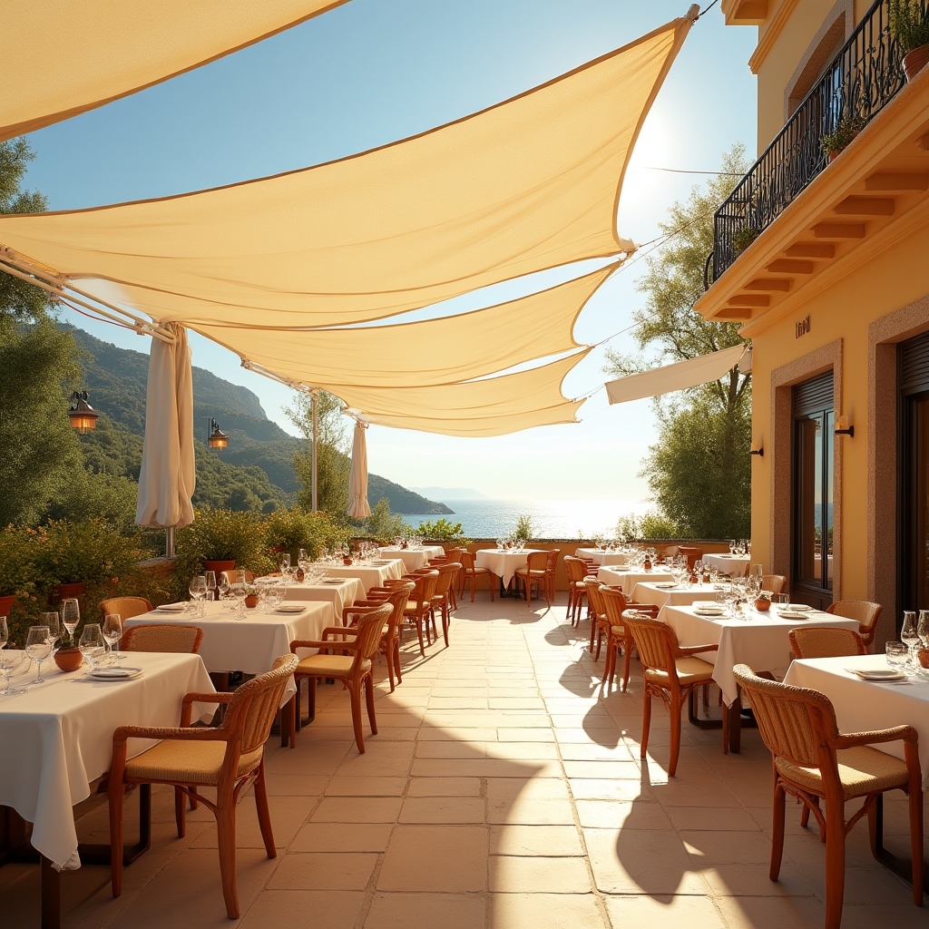 Toldo limpio sobre terraza de restaurante en la costa de Málaga