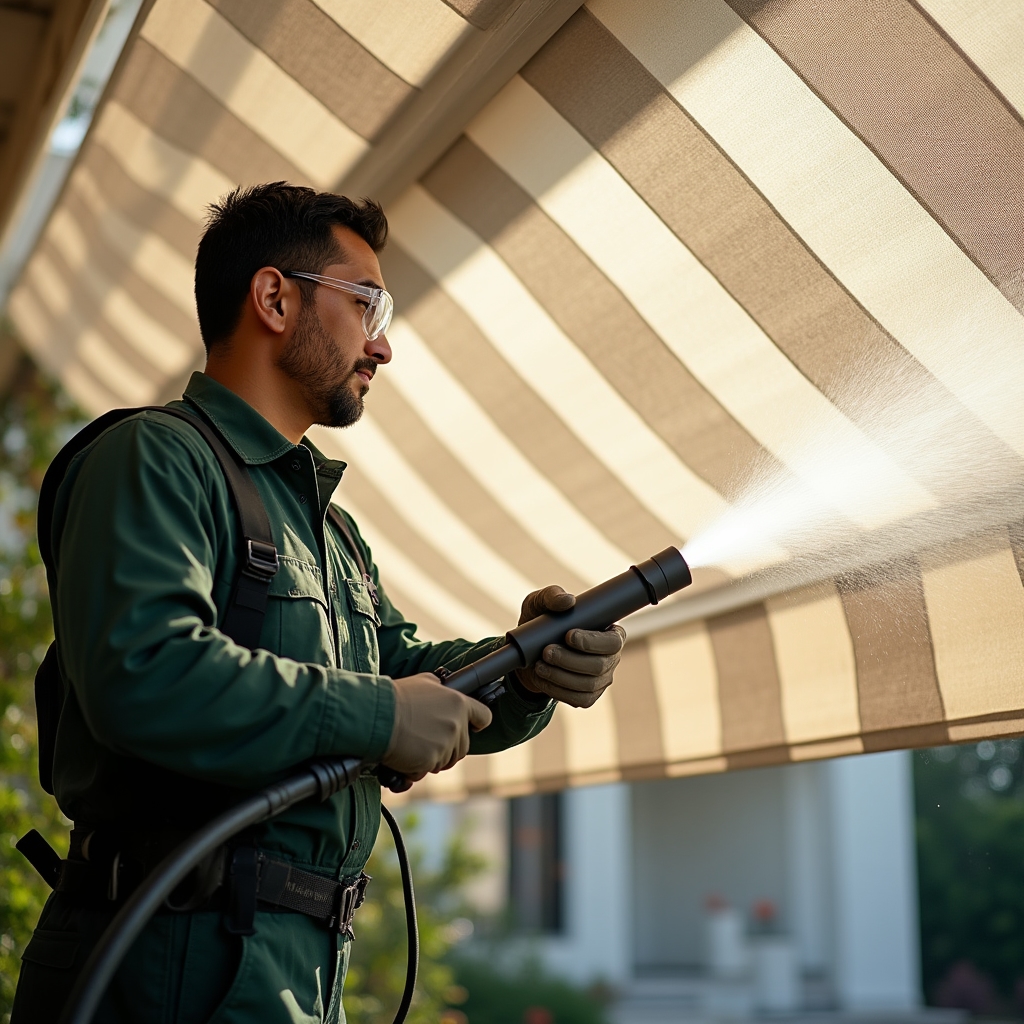 Técnico aplicando lavado a presión sobre toldo de terraza