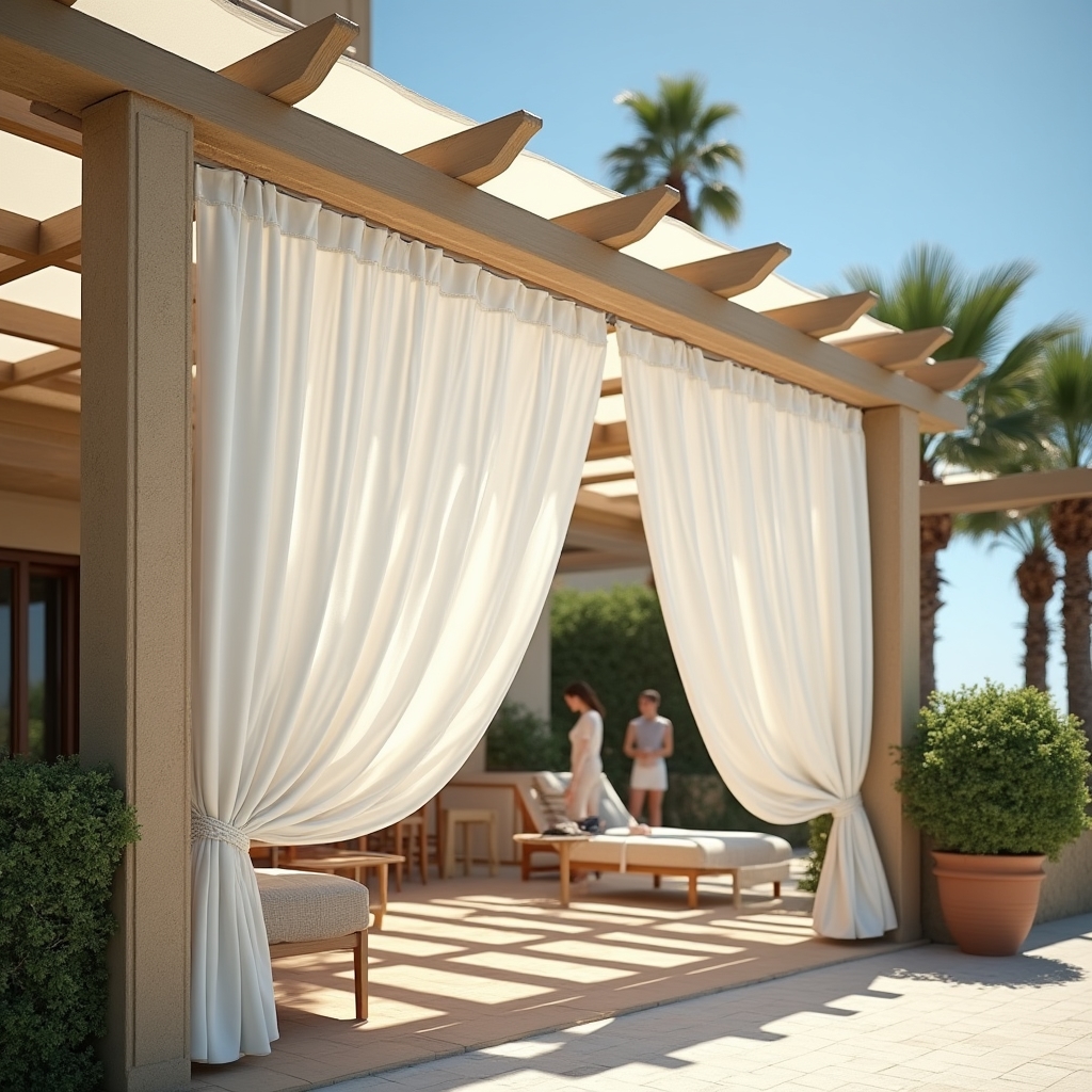 Pérgola con lonas laterales en terraza exterior de hotel