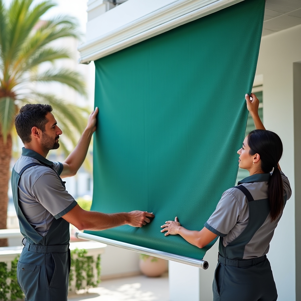 Instalación de nueva tela en estructura de toldo de hotel