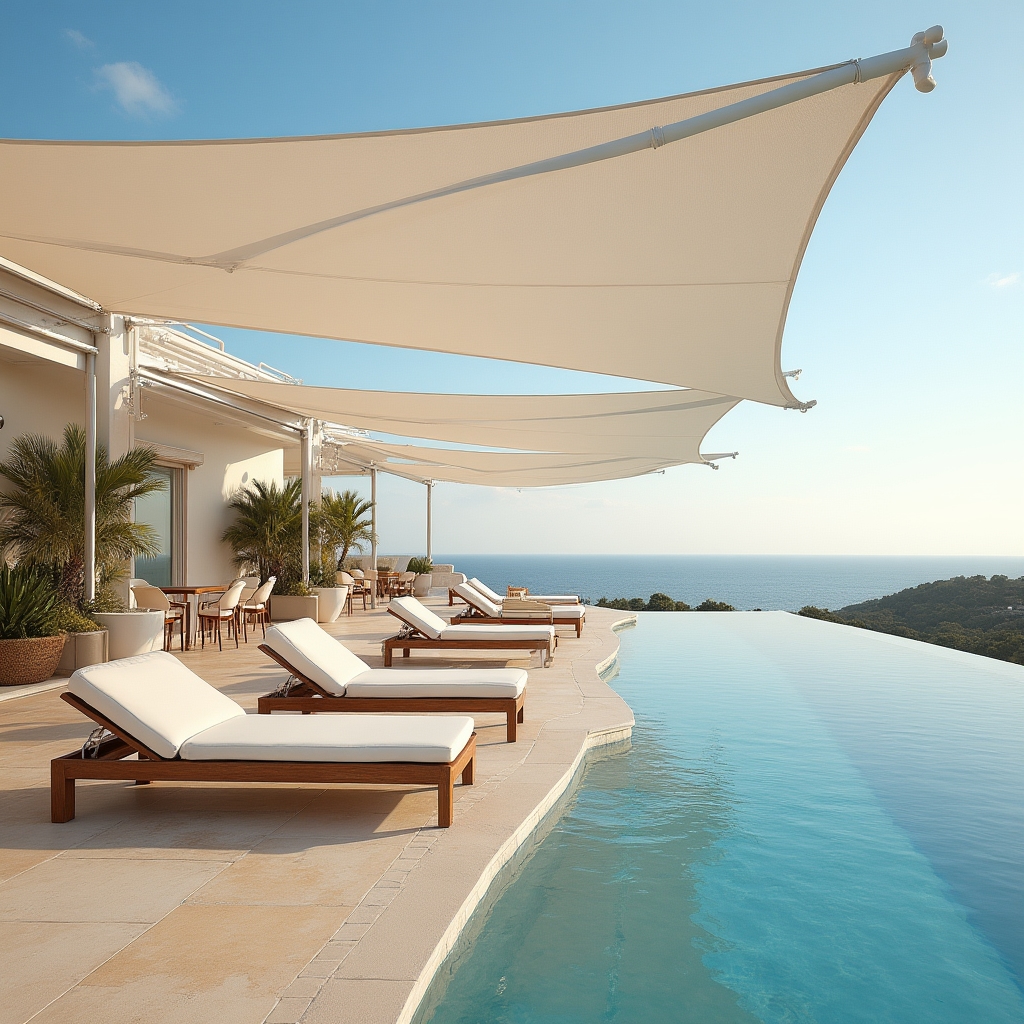 Terraza de hotel con toldos limpios y mesas preparadas