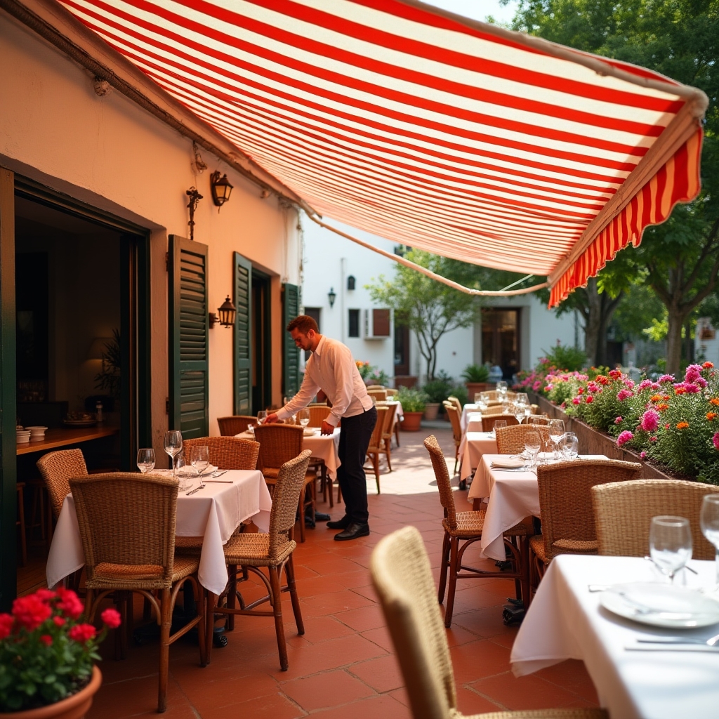 Toldo de restaurante sobre terraza con mesas y sillas